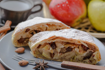 German strudel with apples,strudel with almonds and apples and raisins,home-made strudel,homemade baking,traditional strudel