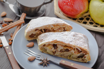 German strudel with apples,strudel with almonds and apples and raisins,home-made strudel,homemade baking,traditional strudel