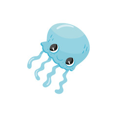 Cute jellyfish with big shiny eyes. Blue aquatic animal with long tentacles. Underwater wildlife. Cartoon character of marine creature. Colorful flat vector design