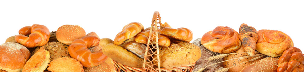 Bread and bakery products isolated on white background. Panoramic collage. Wide photo .