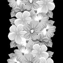 abstract seamless pattern of flowers on a black background. For design of cards, invitations, greeting birthday, party, wedding, Valentine's day. On textiles, Wallpaper.