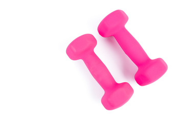 Top view of two pink dumbbells on a white background
