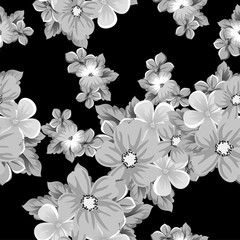 abstract seamless pattern of flowers on a black background. For design of cards, invitations, greeting birthday, party, wedding, Valentine's day. On textiles, Wallpaper.