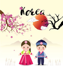 Naklejka na ściany i meble Cute girl and boy standing under sukura tree in Korean traditional costume with sun and mountain,cartoon style for happy new year card, festival, banner, printing,spring background.vector illustration