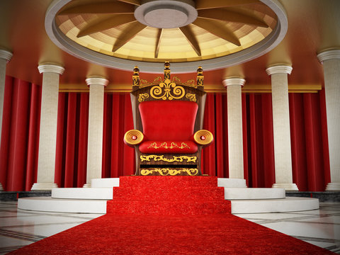 Red carpet leading to the luxurious throne. 3D illustration