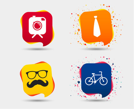Hipster photo camera with mustache icon. Glasses and tie symbols. Bicycle family vehicle sign. Speech bubbles or chat symbols. Colored elements. Vector