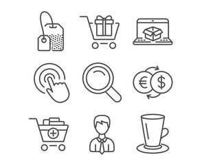 Set of Shopping cart, Add products and Online delivery icons. Click, Businessman and Tea bag signs. Search, Money exchange and Teacup symbols. Gift box, Shopping cart, Parcel tracking website. Vector