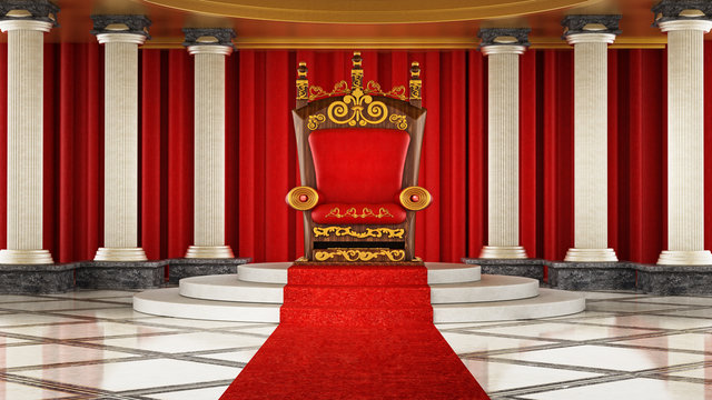 Red carpet leading to the luxurious throne. 3D illustration