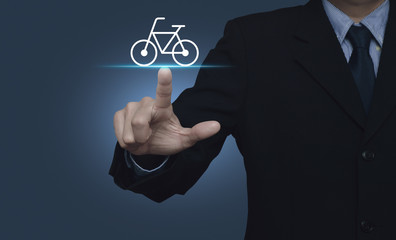 Businessman pressing bicycle flat icon over gradient light blue background, Business service bike concept