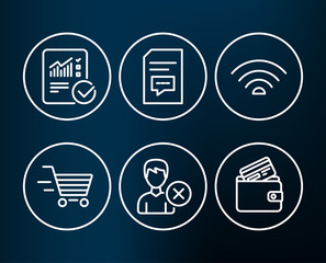 Set of Remove account, Comments and Checked calculation icons. Wifi, Delivery shopping and Debit card signs. Delete user, Document with speech bubble, Statistical data. Vector