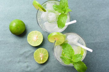 Glass of iced lemonade soda, cold drink in summer