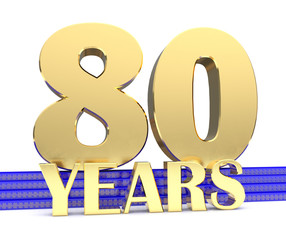 Golden number eighty and the inscription years on the blue stairs with golden symbols endless knot. 3D illustration