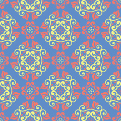 Floral seamless pattern. Red and yellow flower elements on blue background