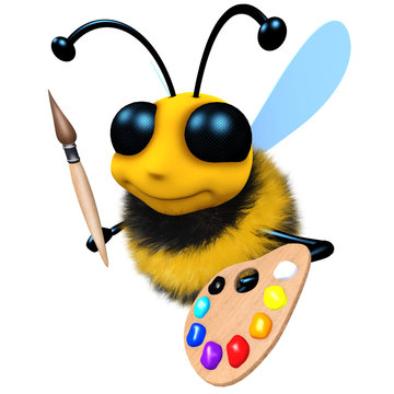 3d Funny cartoon honey bee character with paintbrush and palette