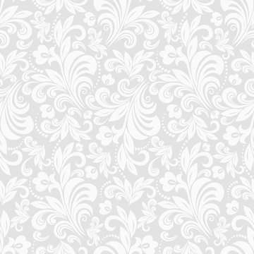 Seamless grey background with white pattern in baroque style. Vector retro illustration. Ideal for printing on fabric or paper.