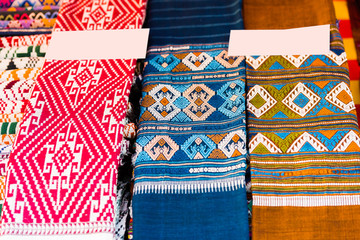 Multicolored fabric close-up in Luang Prabang, Laos.