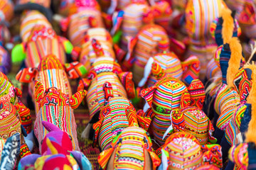 Souvenir fabric elephants on the market in Luang Prabang, Laos. Close-up.