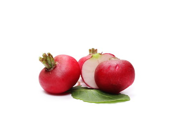 Fresh red radishes with slices with leaves isolated on white background, raphanus raphanistrum, sativus