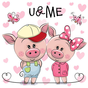Two Pigs on a hearts background