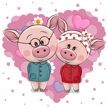 Two Cute Pigs on a background of heart