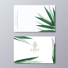 Green botany business card template with tropical lush foliage on white background and line art leaf logo.