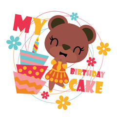 Cute bear girl with birthday cake vector cartoon illustration for happy birthday card design, postcard, and wallpaper