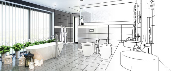 Draft of Luxurious Bathroom Furnishing (panoramic)