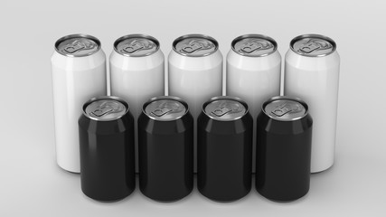  Black and white soda cans standing in two raws on white background