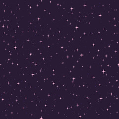 Hand drawn vector seamless pattern with pink stars on the purple background. Starry cosmic backdrop.