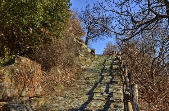 Ussel fraction of Chatillon, Valle d'Aosta, Italy 11 February 2018. The path leading to the castle entrance.