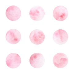Obraz na płótnie Canvas Set of hand painted watercolor circle textures isolated on the white background for your design. Pink dots.