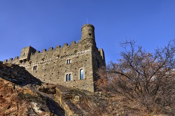 Ussel fraction of Chatillon, Valle d'Aosta, Italy 11 February 2018. The castle photographed from...