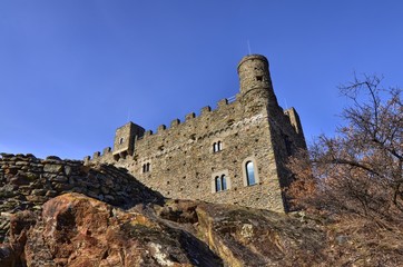 Ussel fraction of Chatillon, Valle d'Aosta, Italy 11 February 2018. The castle photographed from...