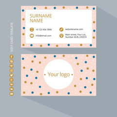Business card print template with icons of social networks. Pink, blue and gold colors. Clean flat design. Vector illustration. Business card mockup with a pattern of dots on a gray background.