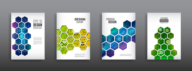 Abstract technology cover with hexagon elements. High tech brochure design concept. Futuristic business layout. Digital poster templates. - obrazy, fototapety, plakaty