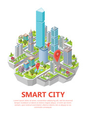 Isometric smart city vector illustration of residential town infrastructure. Isometric flat design houses and buildings with navigation map or GPS location pin signs for application interface