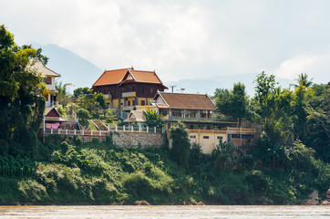 View of the landscape of the river Nam Khan, Luang Prabang, Laos. Copy space for text.