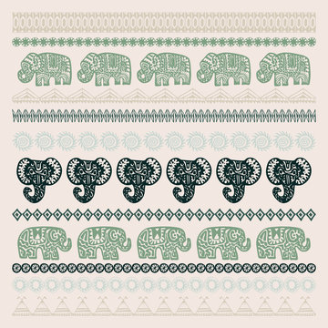 set of brushes Indian Elephant with native zigzag ornaments ornamental strips. Hand drawn ethnic tribal decorated Elephant. dark olive green contour on Beige background. Vector