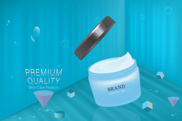 Blue cosmetic container with advertising background ready to use, luxury skin care ad. vector 3d illustration.