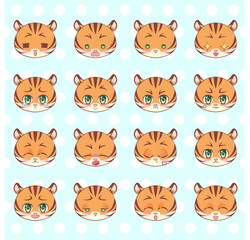 Emoticons, emoji, smiley set, colorful Sweet Kitty Little cute kawaii anime cartoon tiger different emotions mascot sticker Happy, sad, angry, smile, kiss, love Children character colorful vector. 