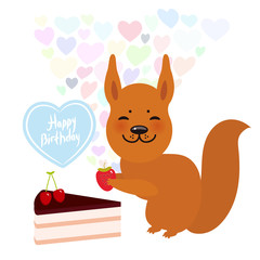 Happy birthday Card design cute kawaii squirrel with Sweet cake decorated with fresh cherry, pink cream and chocolate icing, pastel colors on white background. Vector