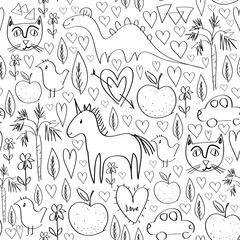 Fototapeta premium Girls birthday pink seamless pattern with animals and hearts black outline isolated on white background for site, blog, coloring book, fabric. Vector