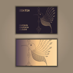 Vector vintage visiting card set. Glowing shiny geometric bird. Luxury design.