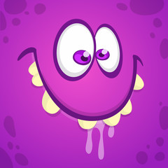 Cool Cartoon Monster Face. Vector Halloween illustration of purple smiling monster 