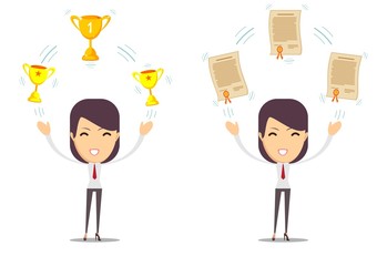 Successful woman raises cup and diploma above her head . Set. Business people concept vector in flat style. Illustration for business concepts, web pages design, infographics.