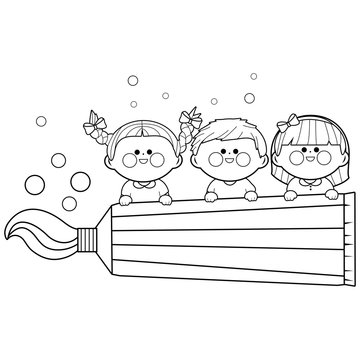 recommend clip art: Children holding a big toothpaste. Vector black and white coloring page