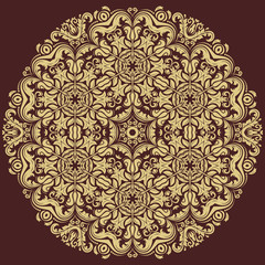 Oriental vector pattern with arabesques and floral elements. Traditional classic round golden ornament. Vintage pattern with arabesques