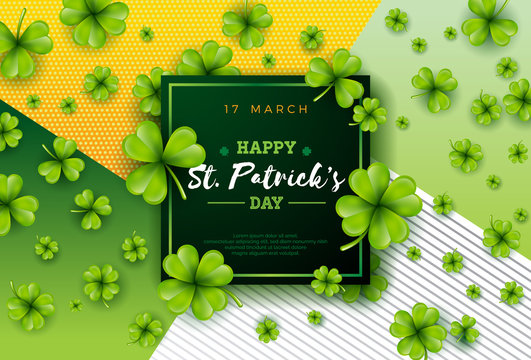 Vector illustration of Happy Saint Patricks Day with Green Falling Clover on Abstract Background. Irish Beer Festival Celebration Holiday Design with typography and Shamrock for Greeting Card, Party