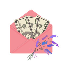 USA banking currency in open pink envelope with bouquet of lavender. One hundred dollar bills as gift, close-up. Vector illustration. Dollar banknotes as present.