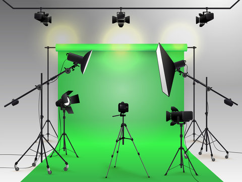 Photography studio vector. Photo studio green blank background with soft box light, camera, tripod and backdrop. Vector illustration. Isolated on white background